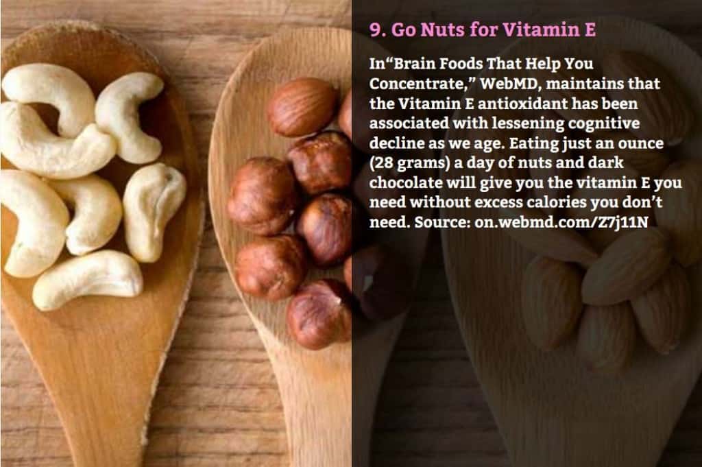 Go Nuts for Vitamin E. In “Brain Foods That Help You Concentrate,” WebMD, maintains that the Vitamin E antioxidant has been associated with lessening cognitive decline as we age. Eating just an ounce (28 grams) a day of nuts and dark chocolate will give you the vitamin E you need without excess calories you don’t need. Source: on.webmd.com/Z7j11N