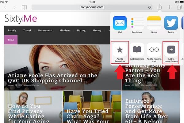 Sixty and Me on iPad - Open Share Button 600 x 400