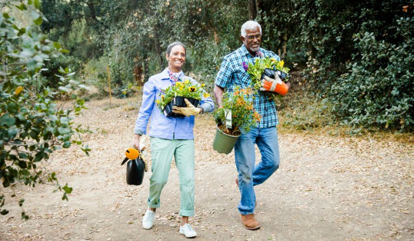 senior couple caring for garden