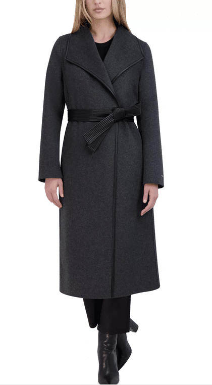 Faux-Leather-Trim Belted Wrap Coat at Macy’s