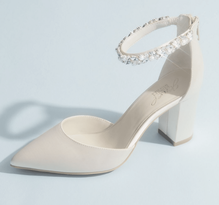 Pointed Toe Satin Block Heels with Crystal Strap