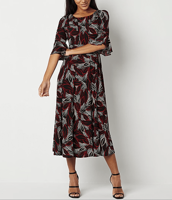 JCPenny Perceptions 3/4 Sleeve Leaf Puff Print Midi Fit + Flare Dress