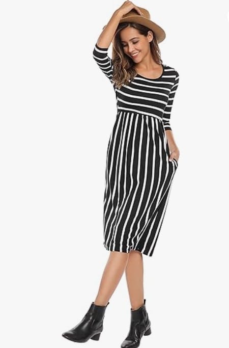 Halife Women's 3 4 Sleeve Stripe Elastic Waist Casual Dress with Pocket