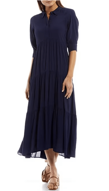 A Loves A Button Down Collar Short Balloon Cuff Sleeve Tiered Waistless Midi Shirt Dress