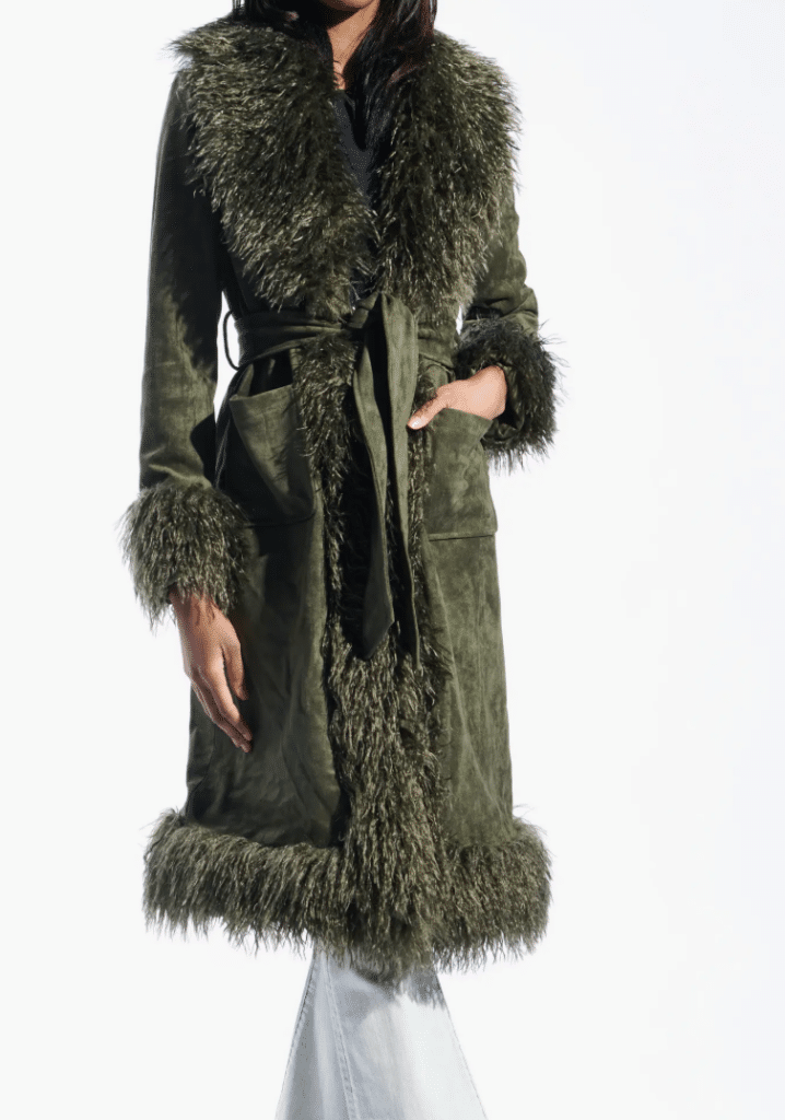 AZALEA WANG Belted Faux Suede Coat with Faux Fur Trim at Nordstrom