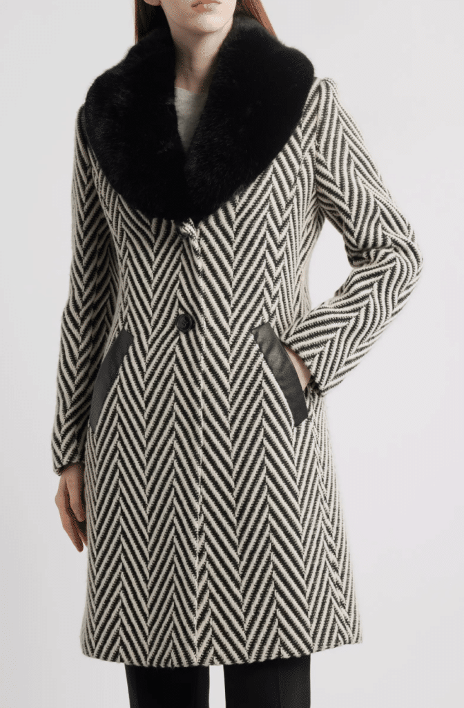 Via Spiga Herringbone Coat with Faux Fur Collar at Nordstrom